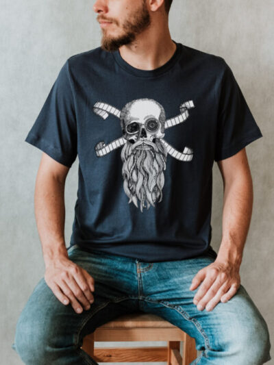 t-shirt with a human skull with beard and film strips
