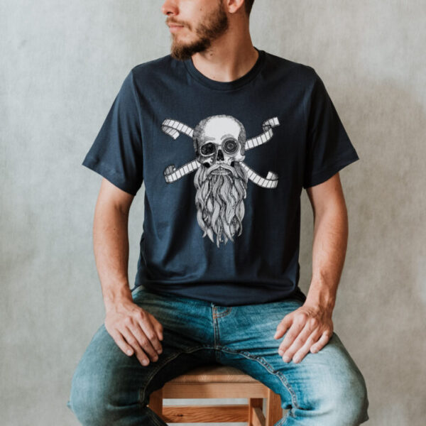 t-shirt with a human skull with beard and film strips