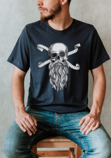 t-shirt with a human skull with beard and film strips